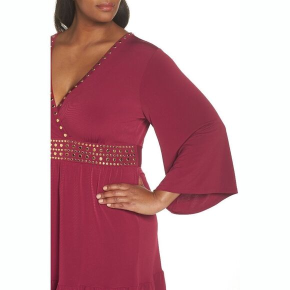 New! MICHAEL KORS Women's Studded Ruffle-Hem Jersey Dress Plus Size Maroon - Picture 8 of 9